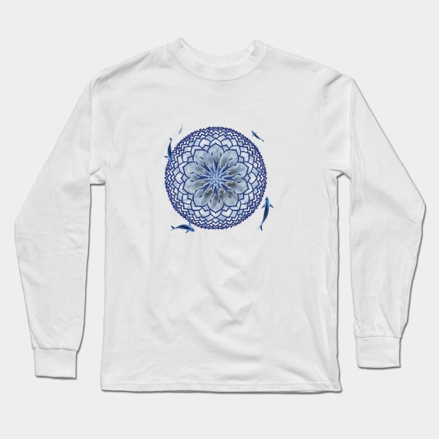 Blue Koi Lotus Mandala Tee Long Sleeve T-Shirt by DISmithArt